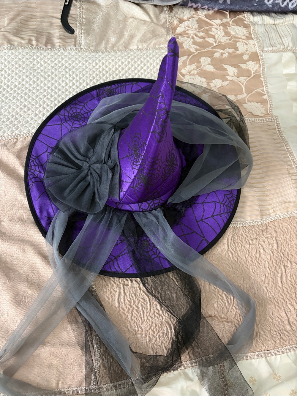 Purple Witch Hat with Black Veil and Spiderweb Print